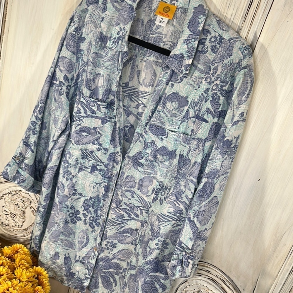 Ruby Rd. Graphic Mid Sleeve Button Down Blue Top … - image 3
